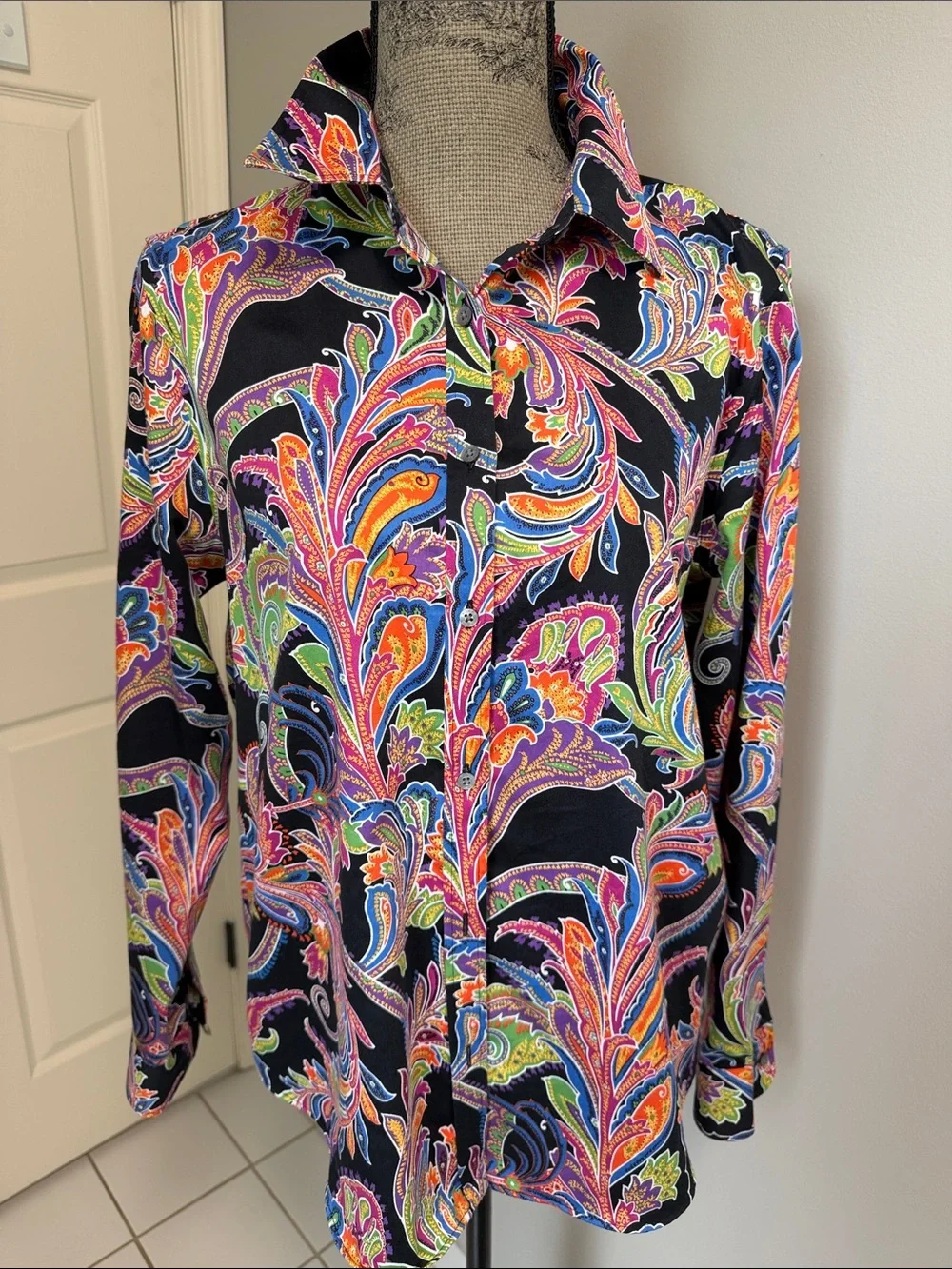 Lauren Ralph Lauren Black Multicolor Paisley LS Cotton NonIron ButtonDown Sz XL - Picture 1 of 7
